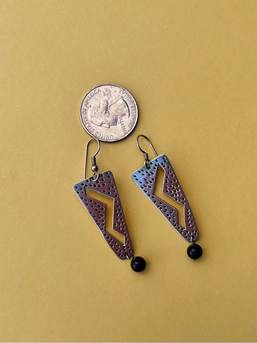Southwestern Artisan Sterling Silver Geometric Dangle Earrings w/black bead